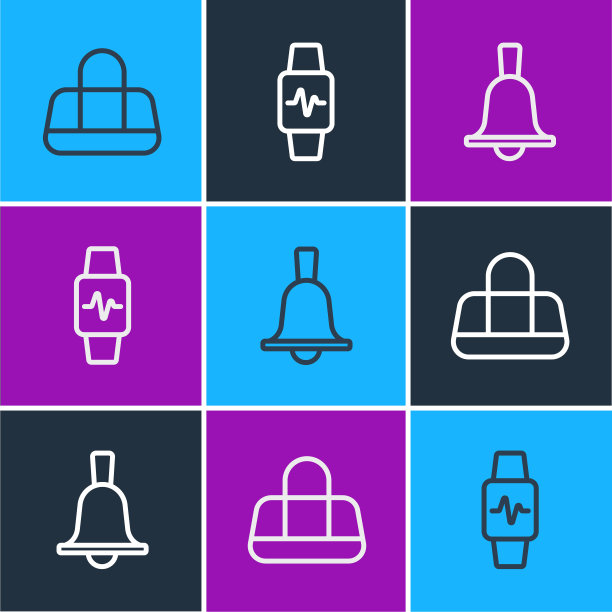设置线运动包，拳击钟和智能手表与心脏图标。向量图片下载