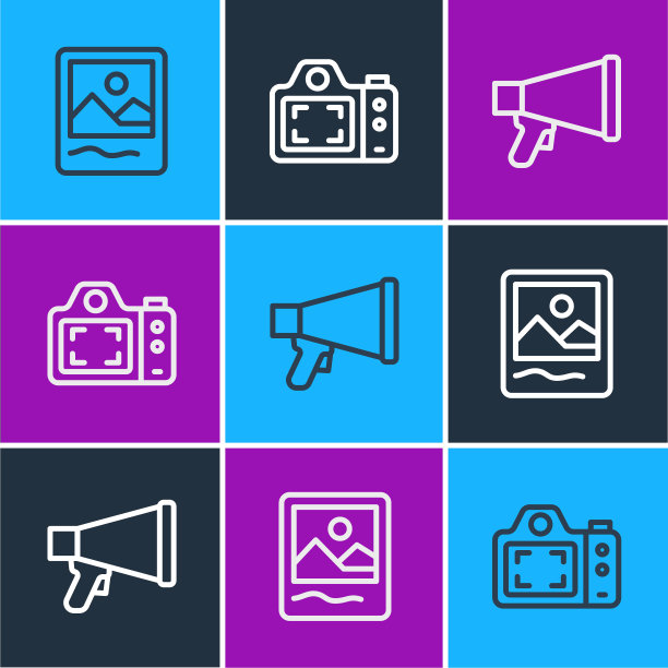 设置线相框，扩音器和相机图标。向量图片下载