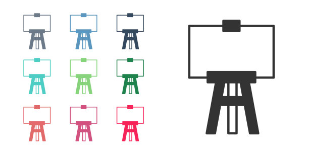 黑木画架或绘画艺术板图标隔离在白色背景。设置图标彩色。向量图片下载