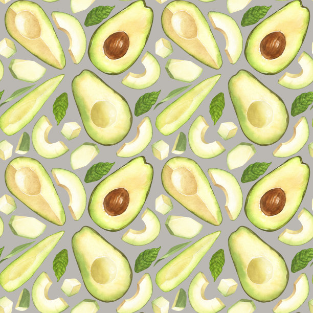 水彩无缝图案的新鲜整个和切片鳄梨。手绘插图孤立在灰色背景。完善的食品菜单，健康食品图纸，包装设计。图片下载