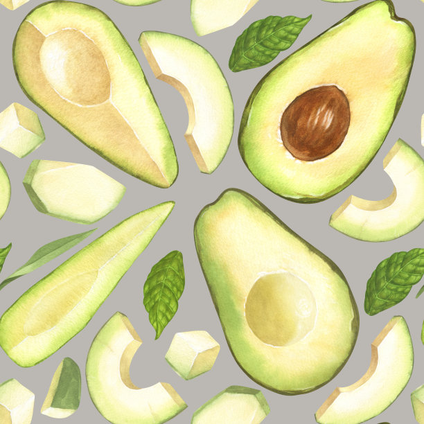 水彩无缝图案的新鲜整个和切片鳄梨。手绘插图孤立在灰色背景。完善的食品菜单，健康食品图纸，包装设计。图片下载