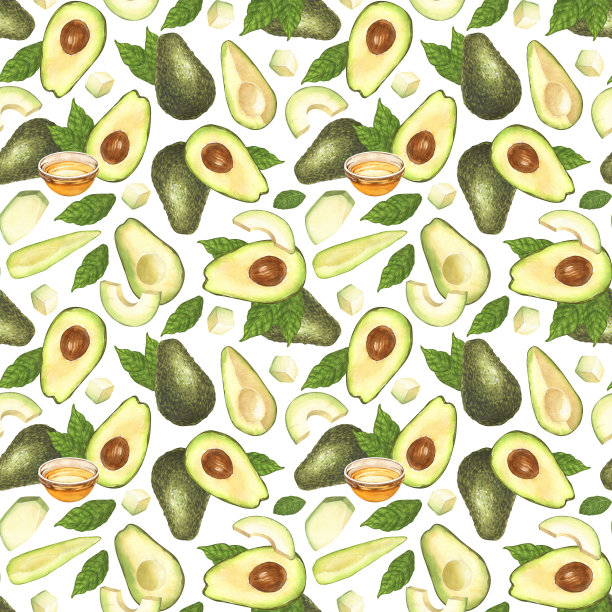 水彩无缝图案的新鲜整个和切片鳄梨。手绘插图孤立在白色背景。完善的食品菜单，健康食品图纸，包装设计。图片下载