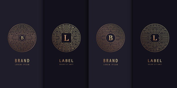 矢量集设计模板，小册子，传单，包装设计新潮的线性装饰艺术，字母在圈。用于奢侈品、婚礼请柬、有机化妆品、酒类包装。图片下载