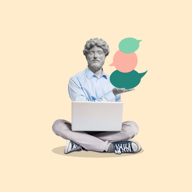 当代艺术拼贴画，一个人被一个雕像的头和一台笔记本电脑。图片下载