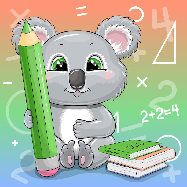 可爱的卡通考拉有一只绿色的大铅笔和书。图片下载