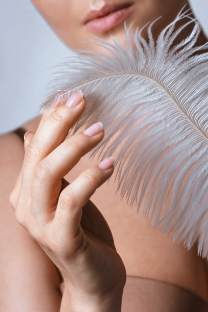 女性手的特写，光滑的皮肤和柔软的鸵鸟羽毛图片下载