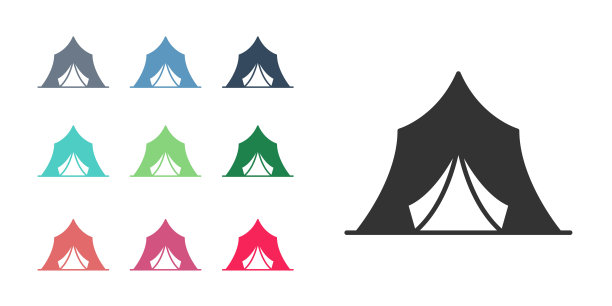 黑色马戏团帐篷图标孤立在白色背景。狂欢节露营帐篷。游乐园。设置图标彩色。向量图片下载