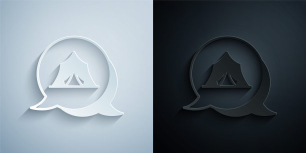 剪纸马戏团帐篷图标孤立在灰色和黑色的背景。狂欢节露营帐篷。游乐园。纸艺风格。向量图片下载