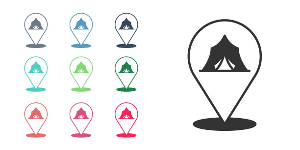 黑色马戏团帐篷图标孤立在白色背景。狂欢节露营帐篷。游乐园。设置图标彩色。向量图片下载