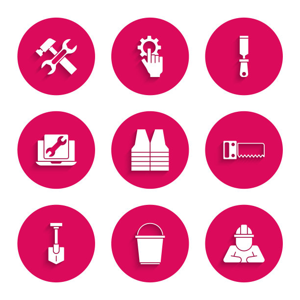 集安全背心，水桶，建设者，手锯，铲子，笔记本电脑服务，锉刀金属文件和锤子扳手图标。向量图片下载