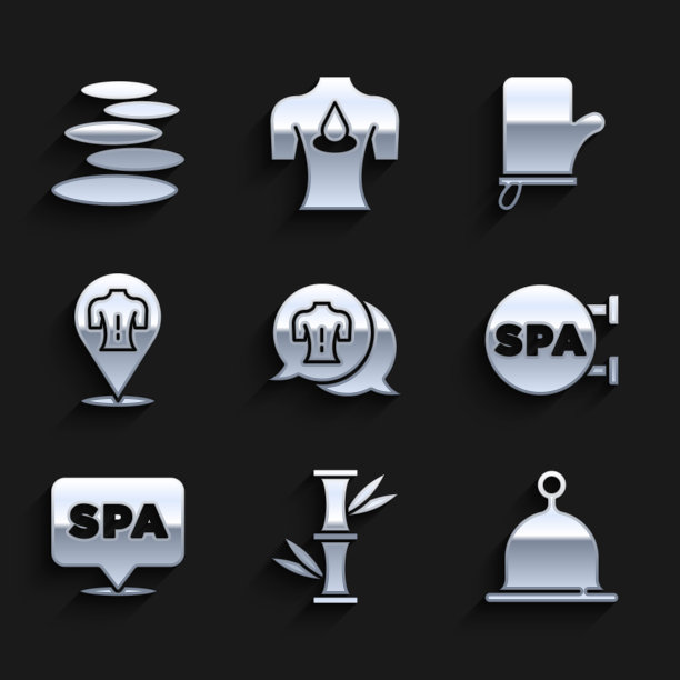 集按摩，竹子，桑拿帽，水疗沙龙，连指手套和堆栈热石图标。向量图片下载