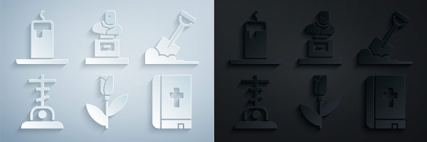 设置花玫瑰，铲子在地上，坟墓与十字架，圣经书，墓碑和燃烧的蜡烛图标。向量图片下载