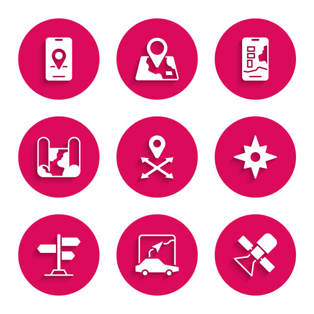 设置位置、城市地图导航、卫星、风玫瑰、道路交通标志、折叠和图标。向量图片下载