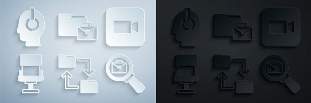 设置云存储文件夹，相机，办公椅，放大镜与公文包，在线工作和自由职业者的图标。向量图片下载