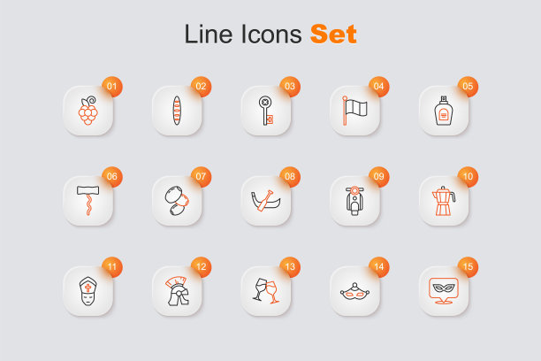 集线嘉年华面具，酒杯，罗马军队头盔，教皇，咖啡机摩卡壶，摩托车和贡多拉船图标。向量图片下载