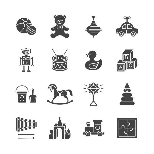 婴儿玩具字形图标集。矢量收集与鸭子，熊，汽车，机器人，马，球，拨浪鼓。图片下载