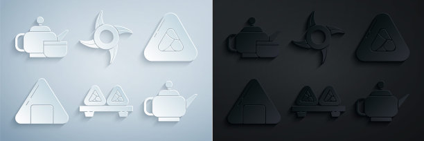 设置寿司砧板，日本茶道，忍者神剑和图标。向量图片下载