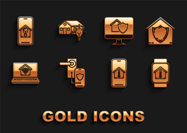 设置带有无线锁技术的数字门锁，智能手表室内温度，手机，笔记本电脑智能家居wi-fi，电脑显示器，灯泡和图标。向量图片下载