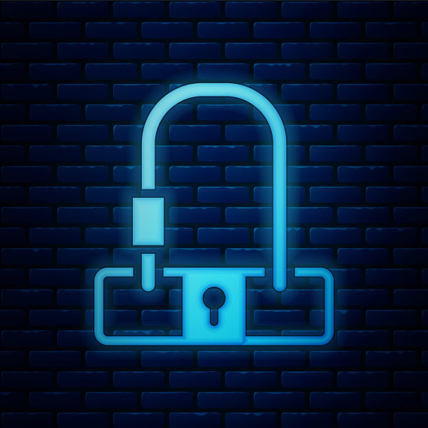 发光的霓虹灯自行车锁U形工业图标孤立的砖墙背景。向量图片下载