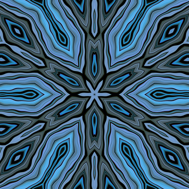 六角形万花筒设计，黑色背景上有明亮的蓝色和灰色条纹图片下载