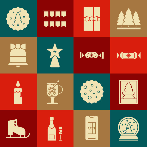 圣诞水晶球、明信片、糖果、礼品盒、星星、欢乐的铃铛、带巧克力的饼干或饼干矢量图标图片下载