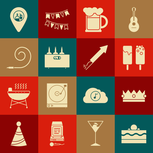 集蛋糕，皇冠，冰淇淋，木制啤酒杯，酒瓶在木箱，生日聚会号角，酒精酒吧的位置和烟花火箭图标。向量图片下载