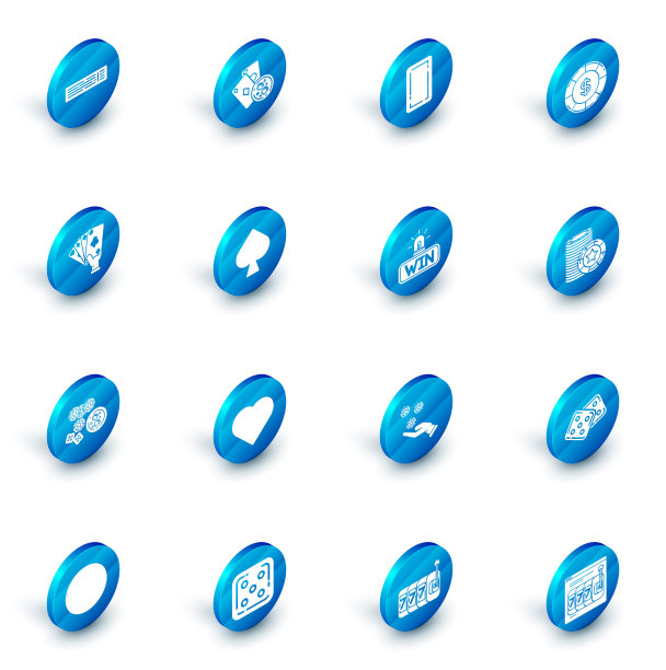 集扑克牌和威士忌与冰块，背面，赌场筹码美元符号，手拿玩，筹码，游戏骰子，黑桃，和赢得图标。向量图片下载