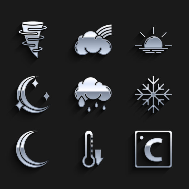 集云与雨，温度计，摄氏度，雪花，月亮和星星，日出和龙卷风图标。向量图片下载