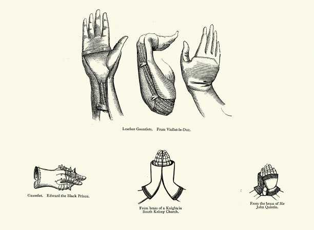 中世纪盔甲，护手类型的复古插图图片下载