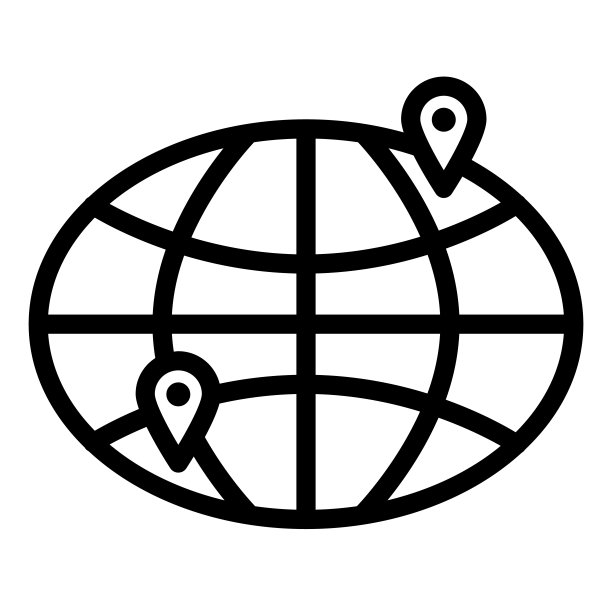 从地球的一个点到另一个点的交付线图标，交付符号，行星地球与两个指针矢量符号在白色的国际交付大纲风格。向量。图片下载