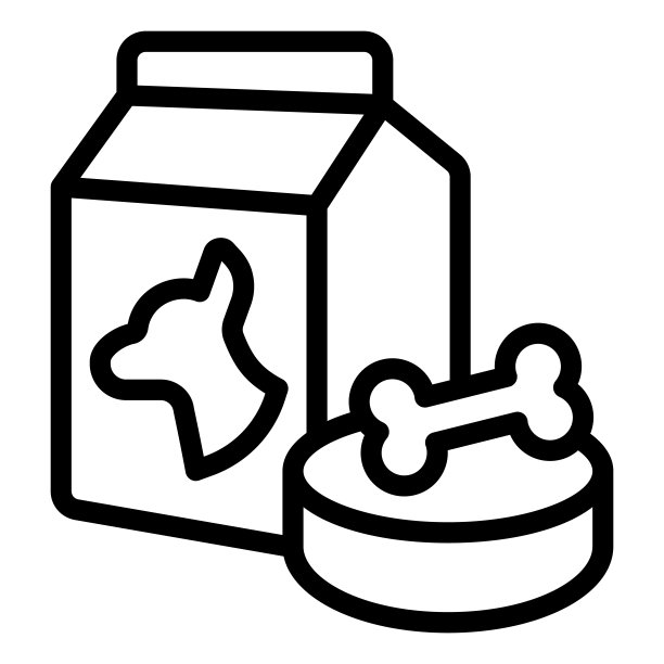 盒子与狗粮和碗骨线图标，动物医院的概念，宠物食品标志在白色背景，袋装食品的宠物碗图标轮廓风格。矢量图形。图片下载