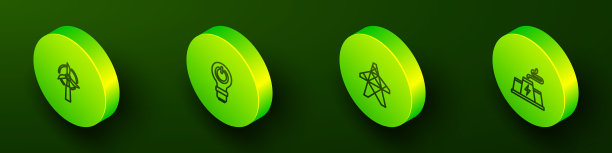 集等距线风力涡轮机，灯泡与闪电，电力塔和发电厂工厂的图标。向量图片下载