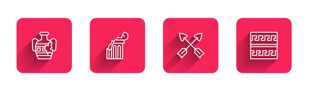 设置线破碎双耳罐，古柱，交叉箭头和古希腊图案长阴影。红色方块按钮。向量图片下载