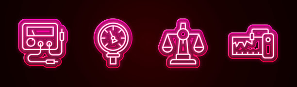 配套线路万用表、电压表、压力水、天平及计量仪表。发光的霓虹灯图标。向量图片下载