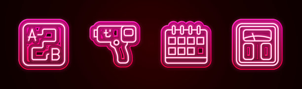 设置线路路线位置，数字温度计，日历和浴室秤。发光的霓虹灯图标。向量图片下载