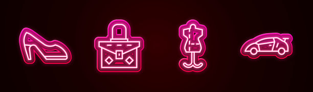 集线女鞋，手袋，人体模型和运动赛车。发光的霓虹灯图标。向量图片下载