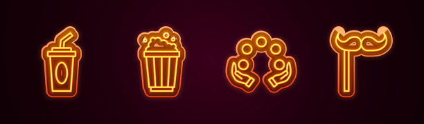 设好线，纸杯加水，爆米花装在纸箱里，杂耍球和小胡子粘在棍子上。发光的霓虹灯图标。向量图片下载