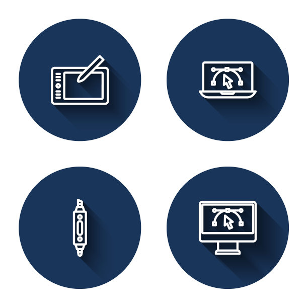 设置线条图形板，带有设计程序的电脑，记号笔和长阴影。蓝色圆圈按钮。向量图片下载
