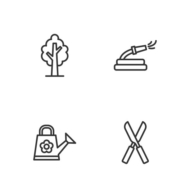 设置线园艺剪刀，浇水罐，树和软管图标。向量图片下载