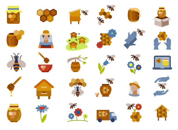 蜂蜜平面图标套装图片下载