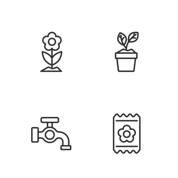 设置线包充满种子，水龙头，花和植物在锅图标。向量图片下载