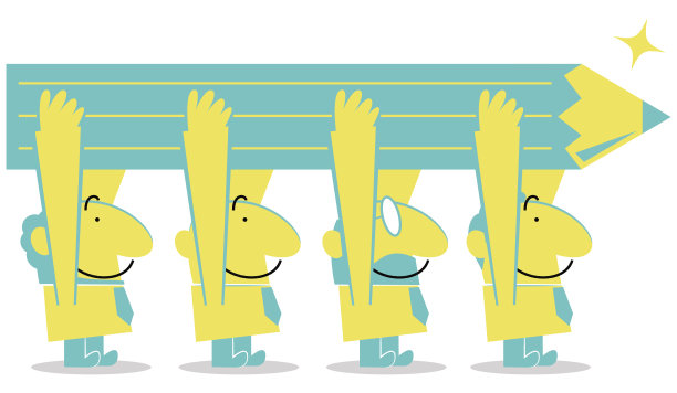 四个微笑着的商人(男人、作家、老师、学者)正在用一支巨大的铅笔写字图片下载