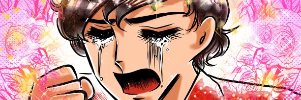 70年代的Shoujo漫画风格的黑头发英俊的男人哭在一个破碎的心和大尺寸花卉背景图片下载