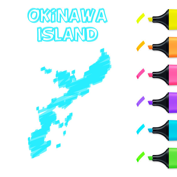 冲绳岛地图手绘与蓝色高光在白色背景图片下载