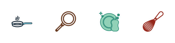 设置煎锅，，洗碗和厨房搅拌器图标。向量图片下载