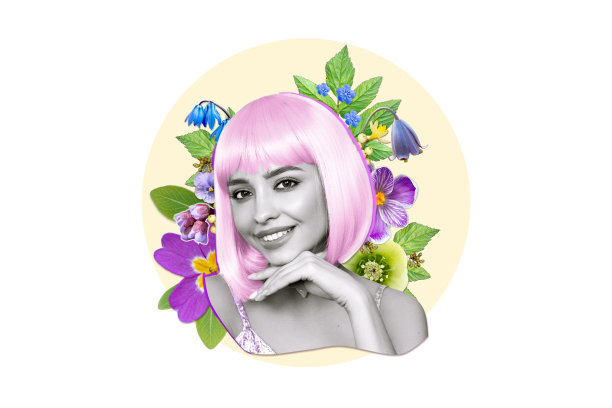 抽象艺术拼贴画一个年轻美丽的女人，她的头上戴着鲜花图片下载