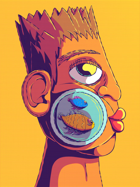 有趣的卡通人物插图-水族馆在嘴。图片下载