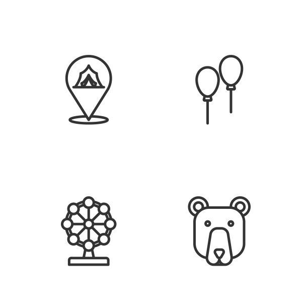 集线熊头，摩天轮，马戏团帐篷和气球与丝带图标。向量图片下载