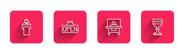 设置线进行演讲，悬挂标志与开放，玻璃陈列柜和中世纪高脚杯与长阴影。红色方块按钮。向量图片下载
