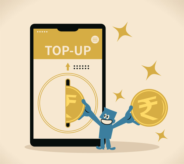 发送手机在线充值，手机充值，充值，再充值，蓝人把印度卢比放入一个大的智能手机图片下载